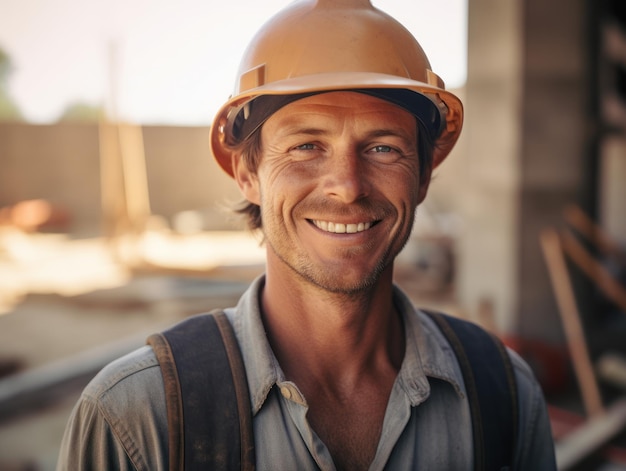 Smiling builder in hard hat at a construction site