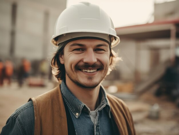 Smiling builder in hard hat at a construction site