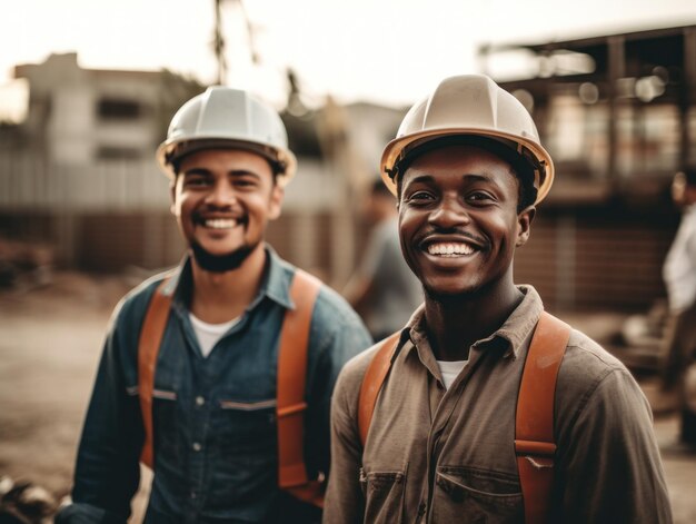 Smiling builders in hard hats at a construction site
