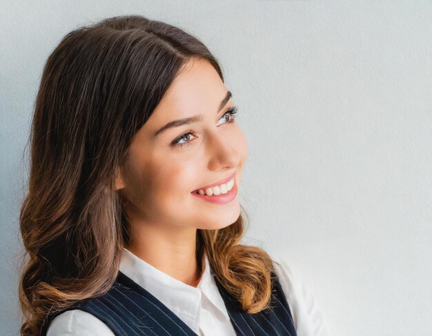 smiling business beautiful young caucasian woman portrait looking side aside copy space over white b