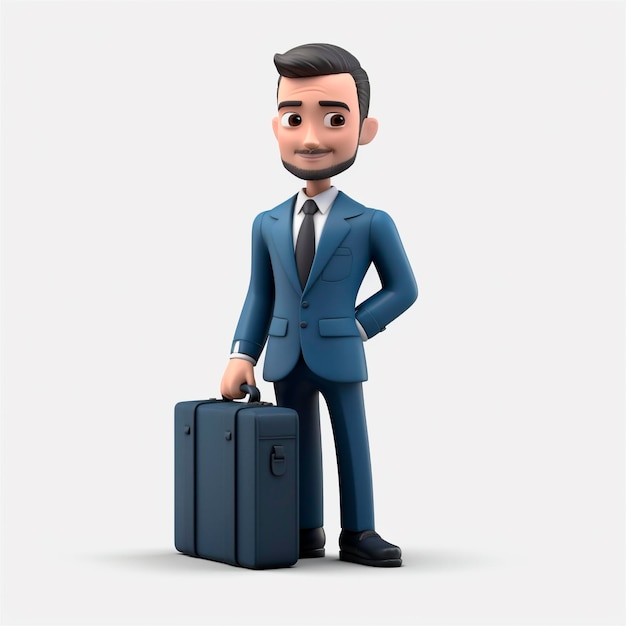 Smiling business man holding briefcase isolated on white background 3D cartoon style AI generated