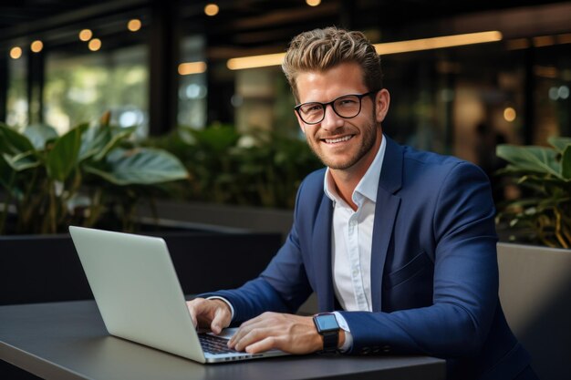 smiling business man on laptop