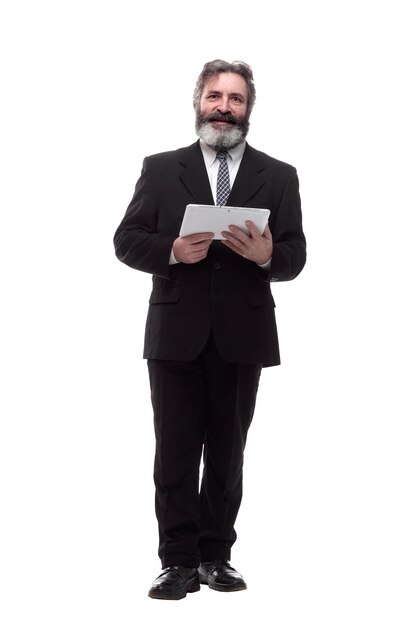 Smiling business man with a digital tablet isolated on a white