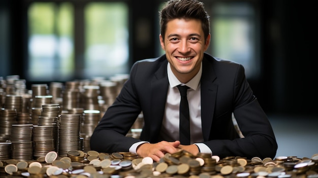 a smiling business man with a pile of coins in front of him