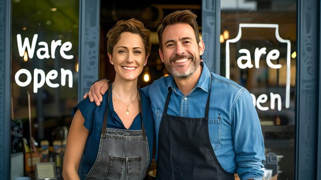 Smiling business owners in front of their small cafe displaying an open sign Casual and friendly perfect for local business themes AI