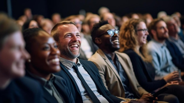 smiling business people in audience listening to speakers at conference