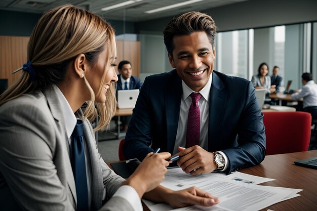 Photo smiling business people having a discussion in an office