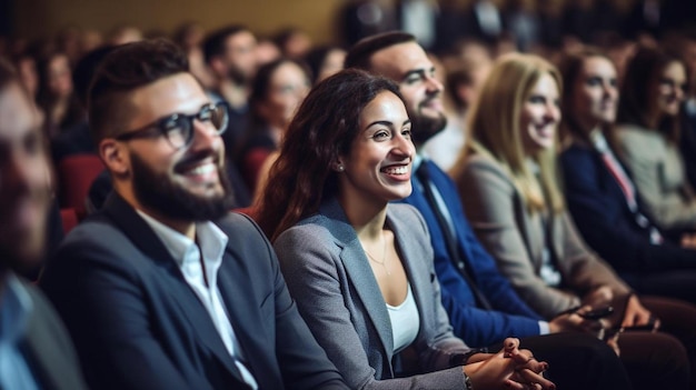 Foto uomini d'affari sorridenti che ascoltano nel pubblico della conferenza