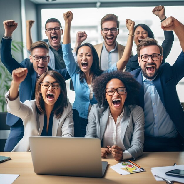 Photo smiling business people with arms up in the air in front of a laptop