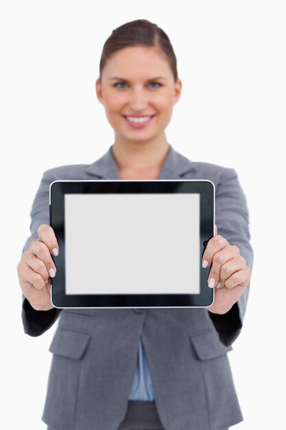 Photo smiling business woman holding digital tablet