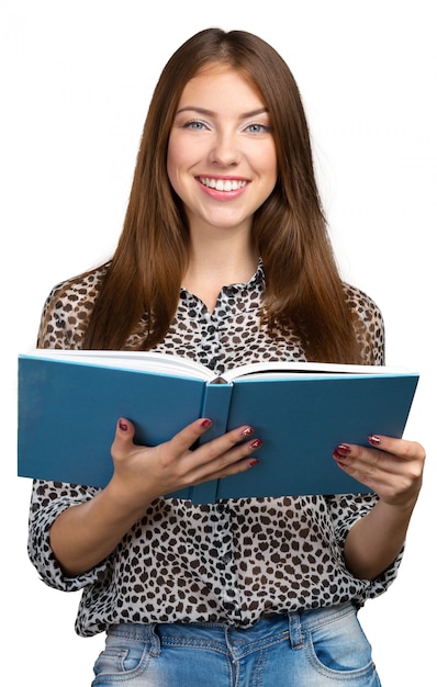 Photo smiling business woman holding stack of books