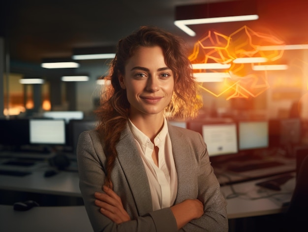 Smiling business woman posing in office sunset in the style of emotionally complex