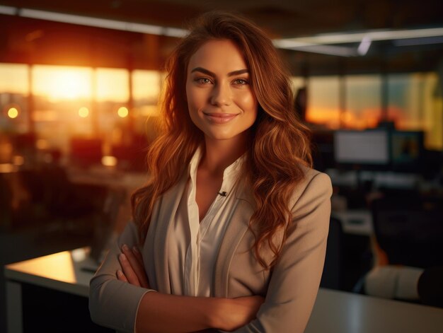 Foto donna d'affari sorridente in posa al tramonto in ufficio in uno stile emotivamente complesso