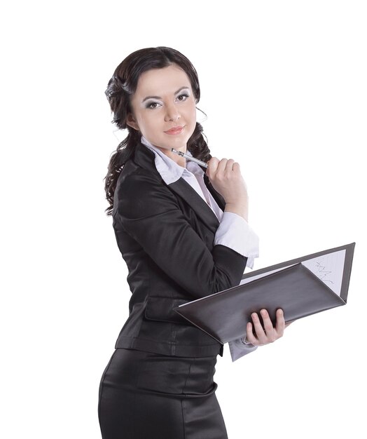 Smiling business woman signing business documentisolated on white