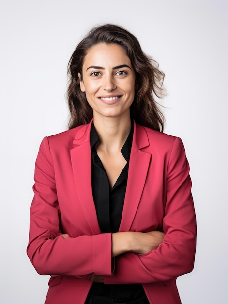 smiling business woman for the team of a website view above the waist white background