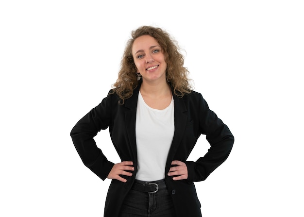 Smiling business woman wearing suit and hands on hips. Isolated on white background.