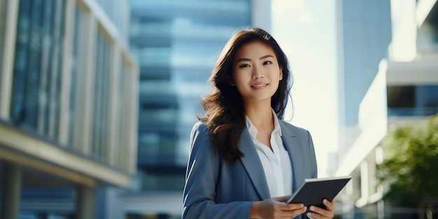 Smiling business woman with digital tablet computer