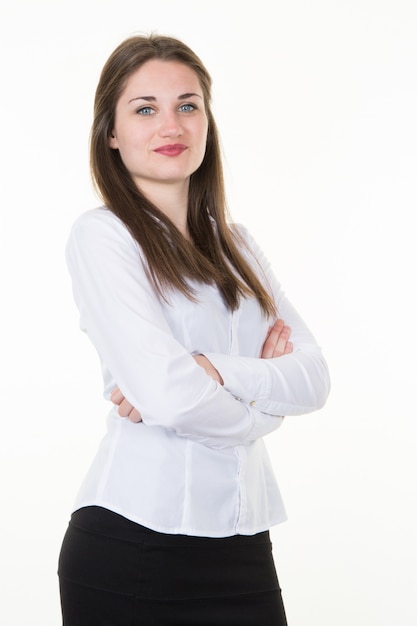 Smiling business woman with folded hands on white 