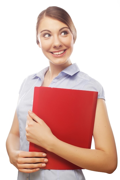 Smiling business woman with red folder