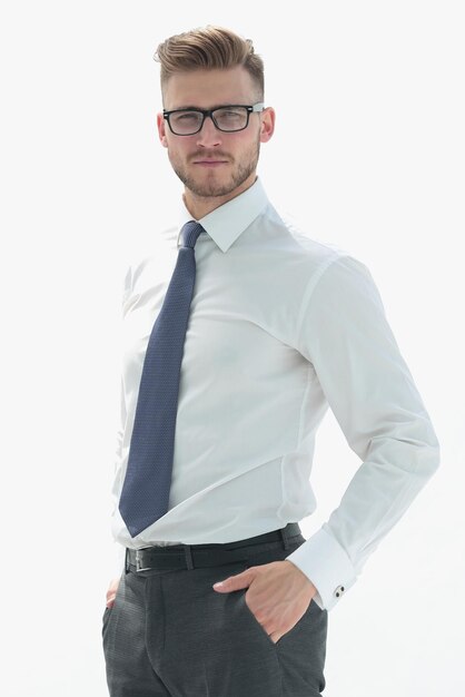 Smiling businessman adjusting his glassesisolated on white background