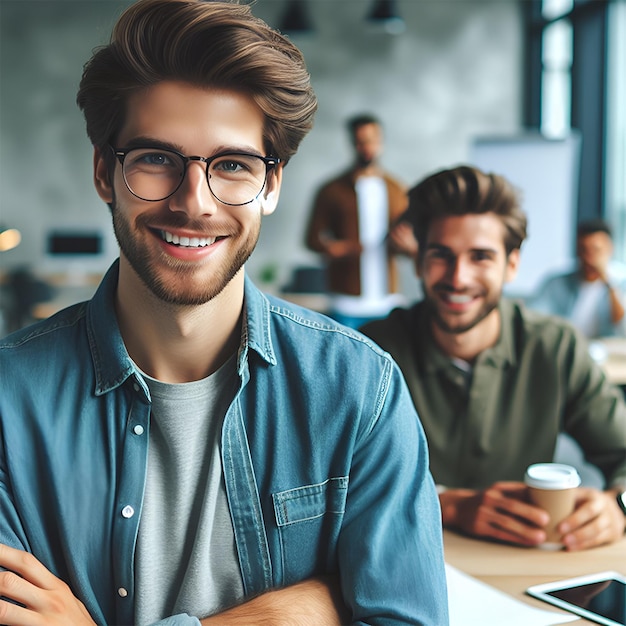 Smiling businessman boy working in office