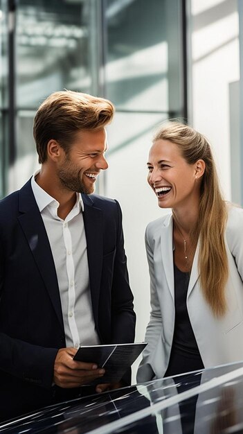 smiling businessman and businesswoman having discussion over solar panel prints in office