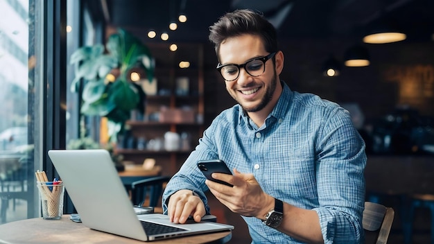 Photo smiling businessman in eyeglasses sitting by the table in cafe with laptop computer while using sma