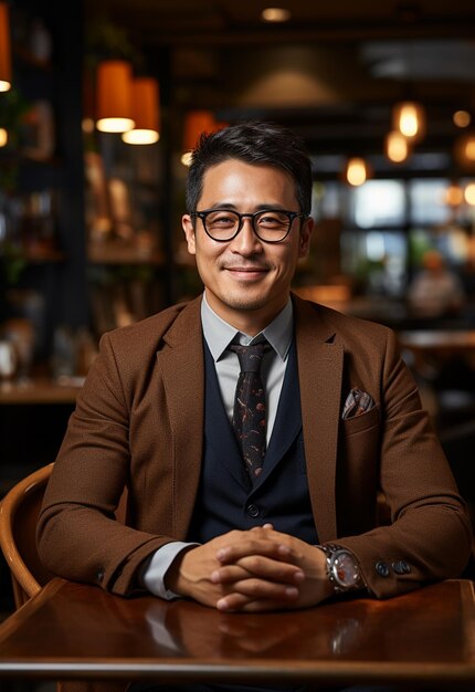 smiling businessman in eyeglasses sitting by the table in cafe with laptop computer while using smar