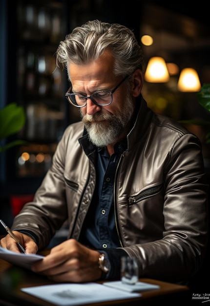 smiling businessman in eyeglasses sitting by the table in cafe with laptop computer while using smar