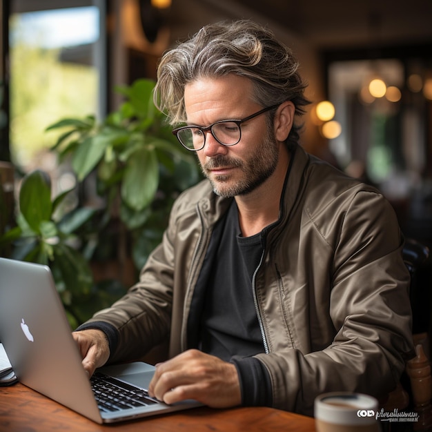 smiling businessman in eyeglasses sitting by the table in cafe with laptop computer while using smar