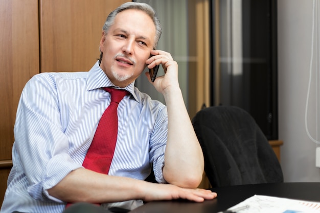 Smiling businessman in his office making a phone call 