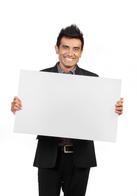 Smiling Businessman holding a blank card