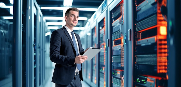 Улыбающийся бизнесмен держит серверную комнату центра обработки данных для планшетов с мощными компьютерами, работающими в стойках. Концепция ИТ-эксплуатации и проектирования