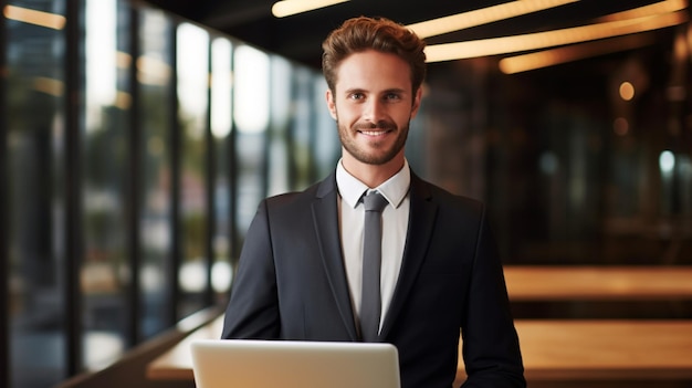 smiling businessman indoors looking at camera working on