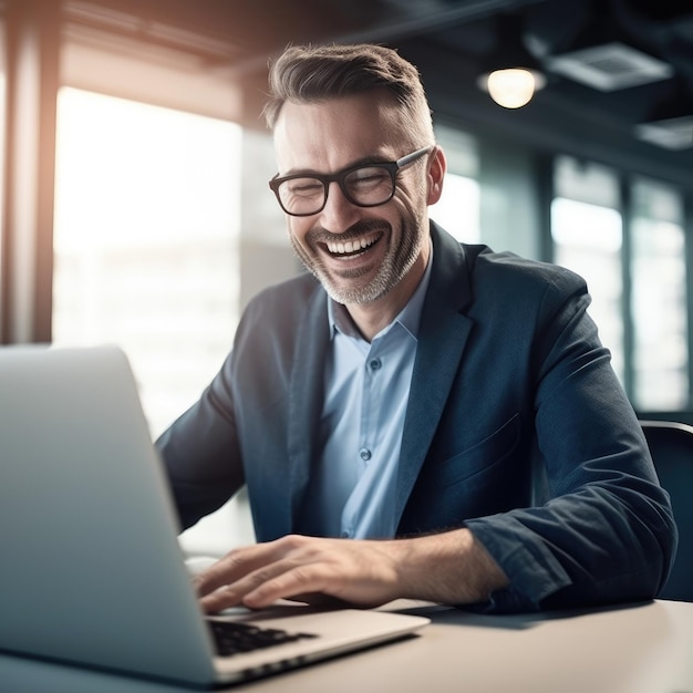 Smiling Businessman Looking at Laptop