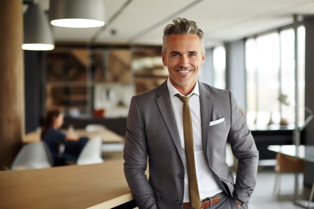 Foto un uomo d'affari sorridente in un moderno ufficio generato dall'ia