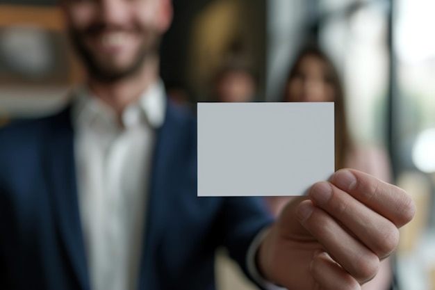 Smiling Businessman Presenting Blank Business Card in Office Environment