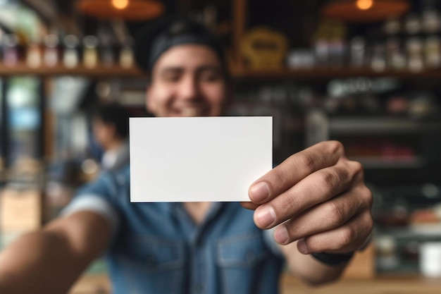 Smiling Businessman Presenting Blank Business Card in Office Environment