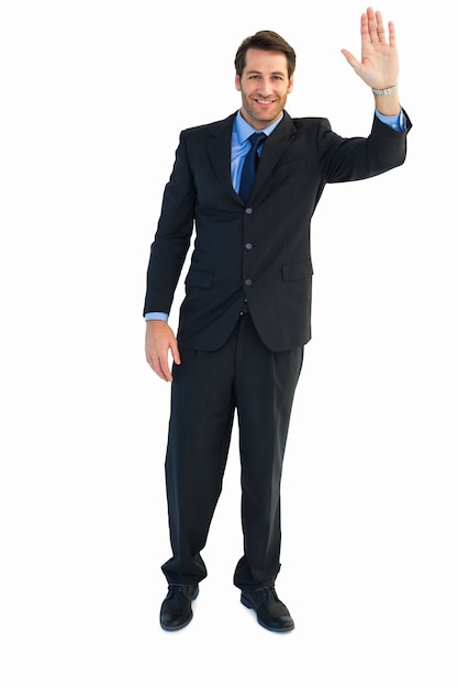 Smiling businessman salute with hand up