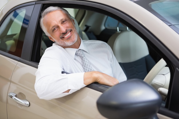 Smiling businessman sitting at the wheel of a car for sale