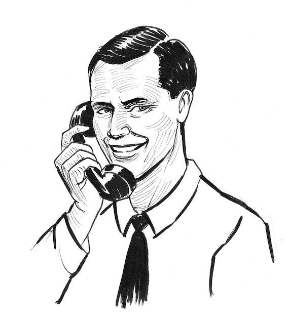 Smiling businessman speaking over retro telephone. Ink black and white drawing