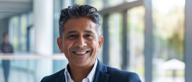 Smiling businessman standing confidently in an office building