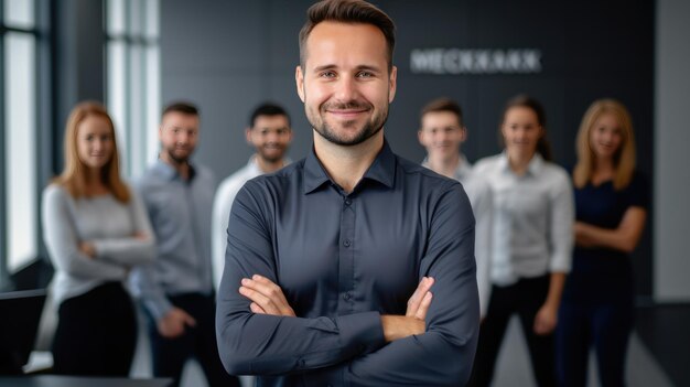 Smiling businessman standing in front of team
