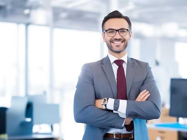 Photo smiling businessman standing with arms crossed in creative office happy young businessman background