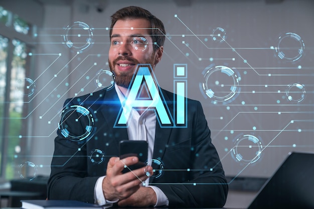 smiling businessman talking holding using smartphone typing at office workplace with notebook concept of distant work business education technology ai and robotics