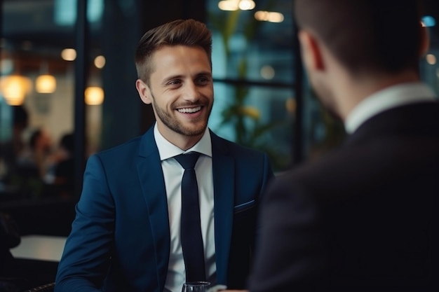 улыбающийся бизнесмен разговаривает с коллегой в офисе