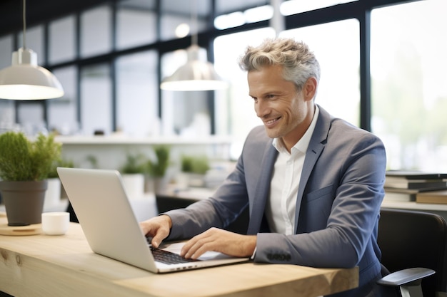 Foto uomo d'affari sorridente che utilizza il computer portatile alla scrivania in ufficio