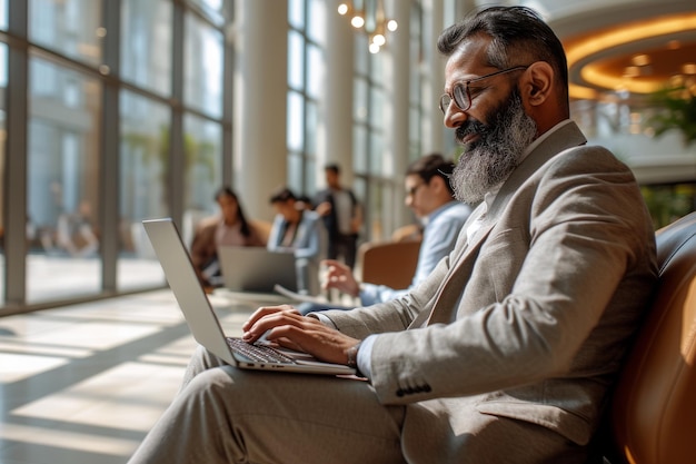 Smiling businessman using laptop in modern office space