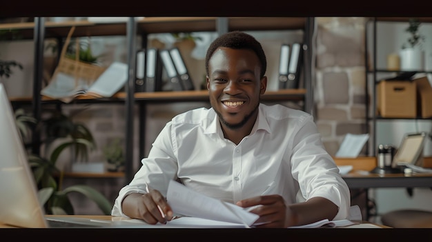 Smiling businessman in a white shirt at work Casual office setting modern entrepreneur Portrait of professional confidence Relaxed corporate environment AI