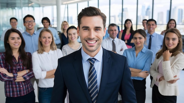 Smiling businessman with co workers background